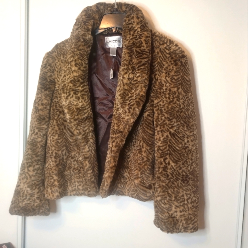 CHICO'S Faux Fur Leopard Print Jacket size 3/ size L NWT Tan Brown Animal Print